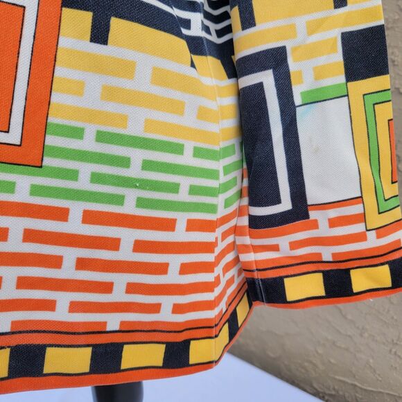 Vintage Polyester Top, Bright Geometric Rectangle Print, Green Orange Brown - Picture 6 of 7